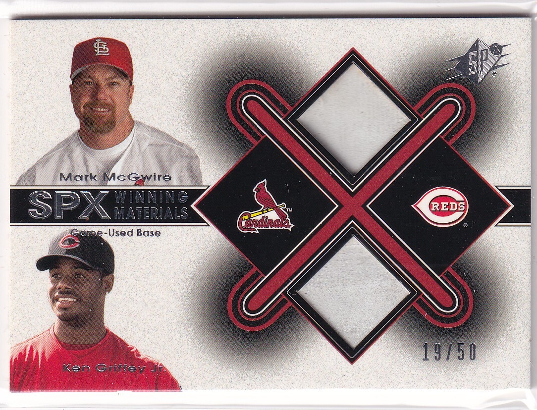 MARK MCGWIRE (CARDINALS) / KEN GRIFFEY JR. (REDS) 2001 UPPER DECK UD SPX WINNING MATERIALS DUAL BASE (#/50)
