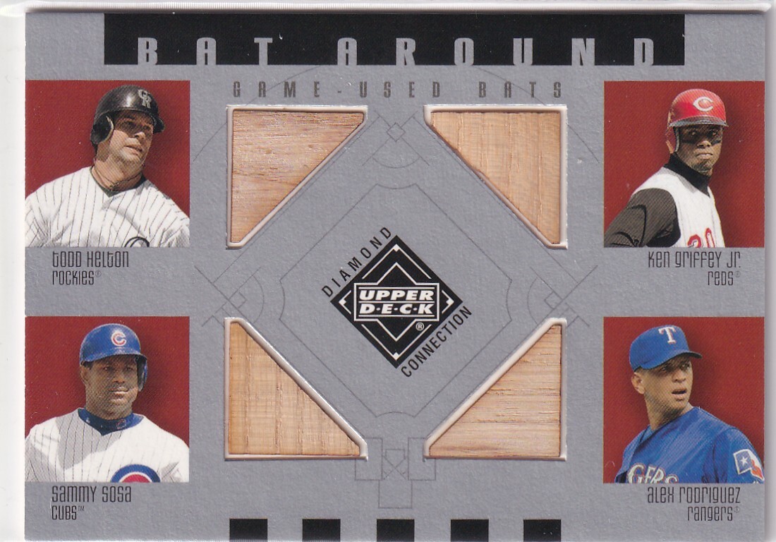 TODD HELTON/KEN GRIFFEY JR./SAMMY SOSA/ALEX RODRIGUEZ 2002 UPPER DECK UD BAT AROUND QUAD RELIC