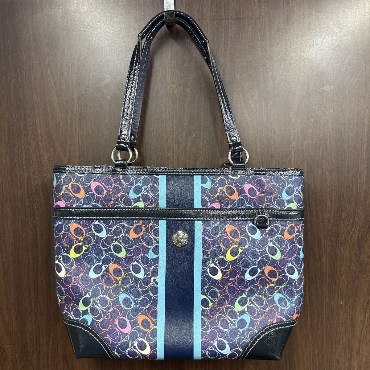 COACH トートバッグ コーチ シグネチャー ハンドバッグ　マルチカラー　カラフル キャンバス ブルー ストライプ