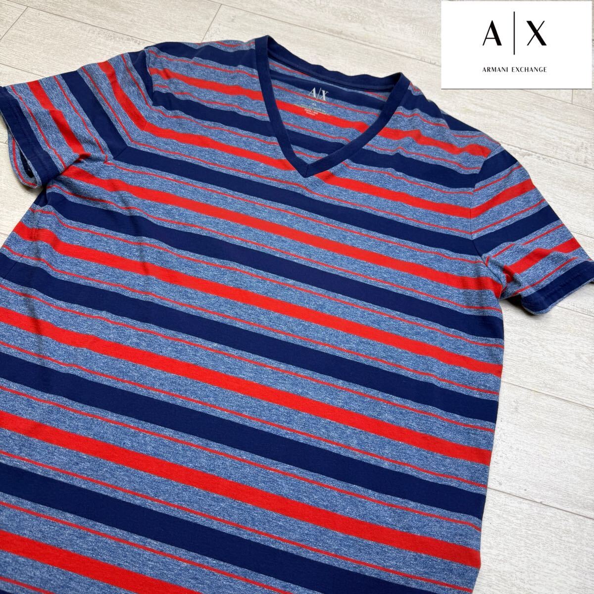希少 ARMANI EXCHANGEアルマーニエクスチェンジ Vネック ボーダー Tシャツ 半袖 カットソートップスカジュアル　サイズL メンズ