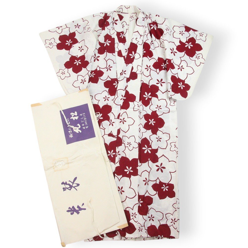 丸松 マルマツ コットン 花柄 桜 浴衣 白 ホワイト 赤 レッド 花柄 【参考価格￥15,800-】