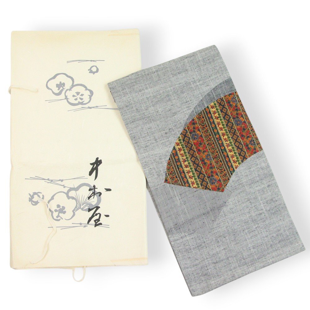 美品 正絹 シルク100％ 更紗 切替 名古屋帯 紬 花柄 唐草 グレー 更紗 【参考価格￥74,800-】