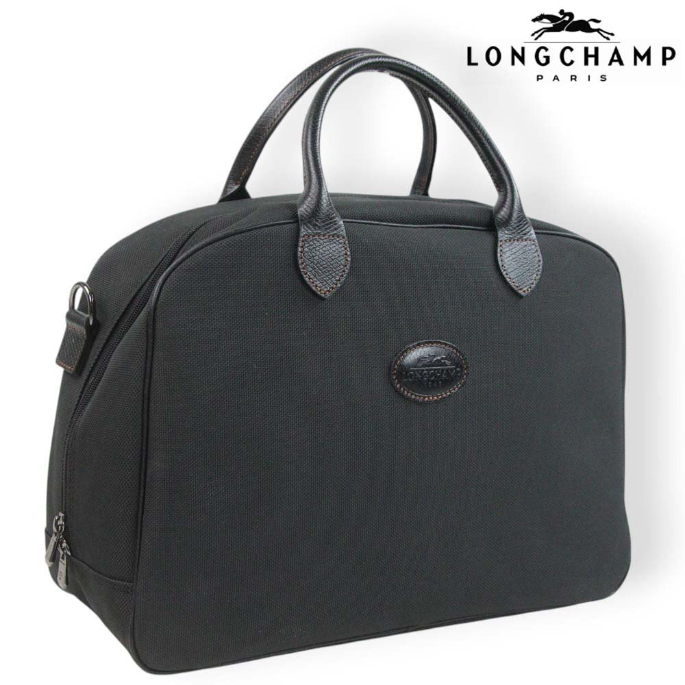 美品 LONGCHAMP ロンシャン 牛革 部分レザー ナイロンキャンバス 2WAY ボストンバッグ 黒 ブラック 【参考価格￥42,900-】