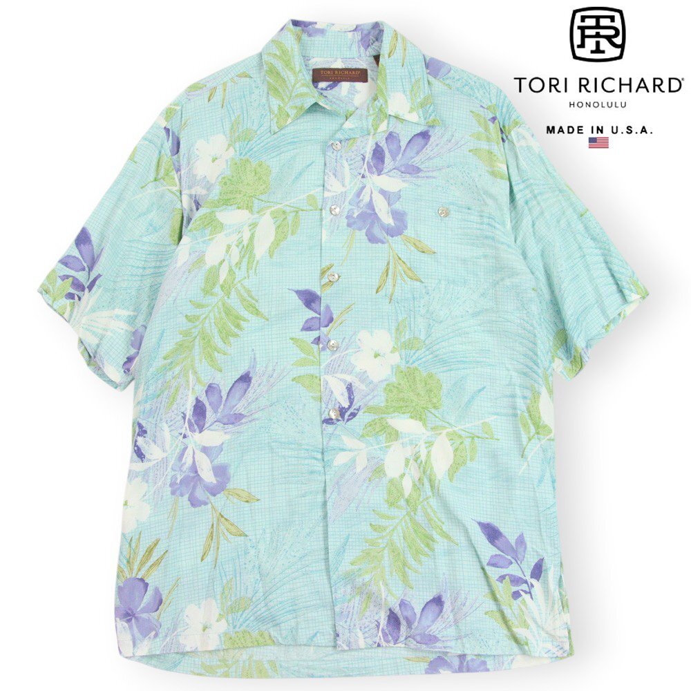 美品 USA製 TORI RICHARD トリリチャード レーヨン リーフ総柄 シェルボタン ハワイアン 半袖アロハシャツ 青 S (JP:M)【参考価格￥16,800-
