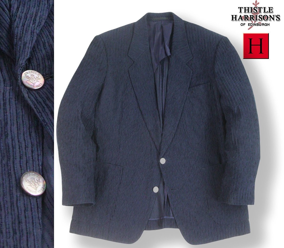 極上の逸品！美品 THISTLE HARRISONS OF EDINBURGH シッスル シルク100％ 春夏 2B テーラードジャケット 紺 ST40-56【参考価格￥143,000-】