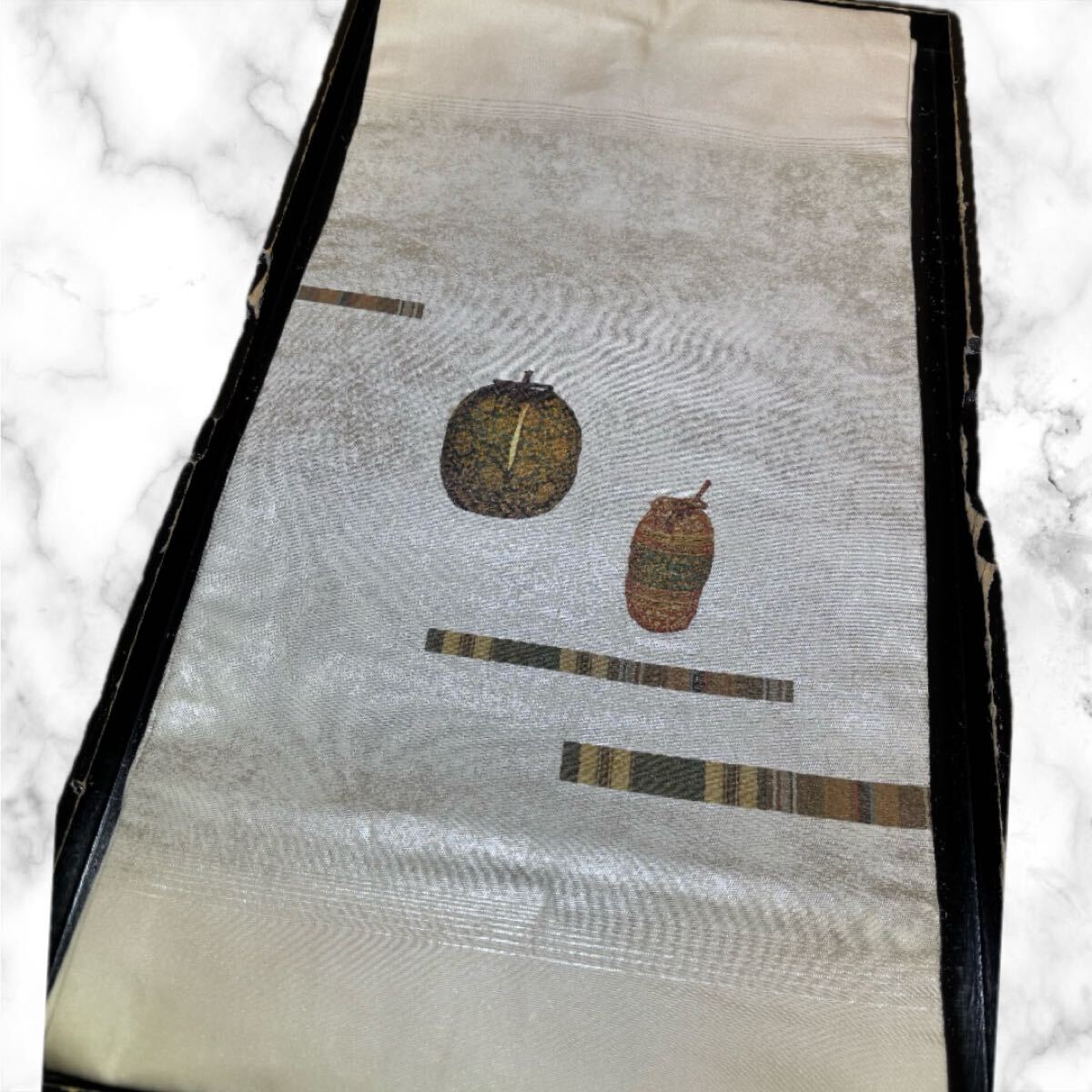 名古屋帯　正絹　壺　陶器　霞　お太鼓柄　クリーム色　着物　和服　和装　リメイク　ハンドメイド　生地　衣装　百貨店　高級
