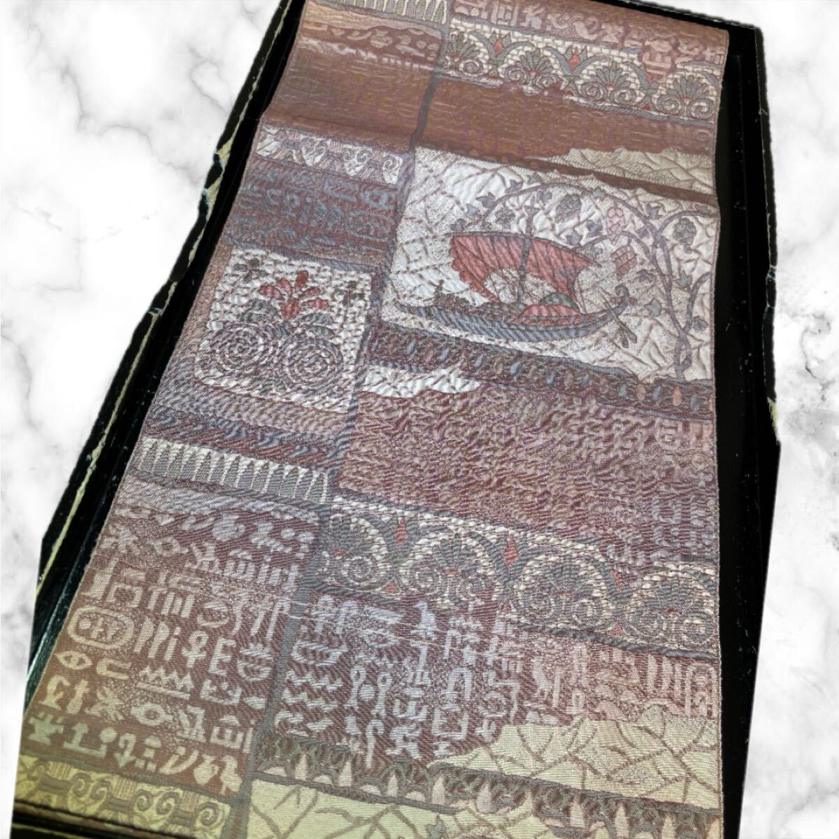 名古屋帯　正絹　舟　花　華　壁画模様　六通柄　ピンク　着物　和服　和装　リメイク　ハンドメイド　生地　衣装　百貨店　高級