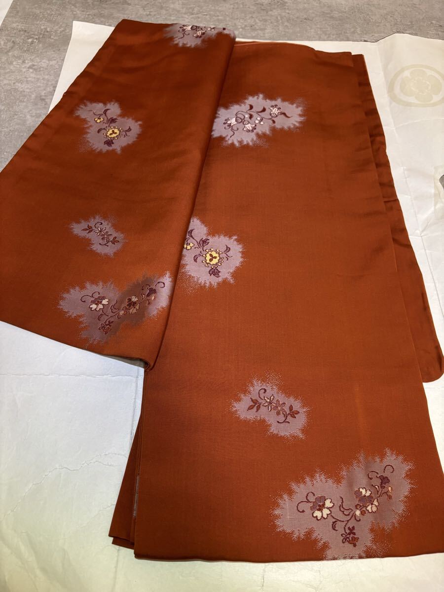 小紋　正絹　華　花　草葉　茶色　着物　和服　和装　リメイク　アンティーク　レトロ　ハンドメイド　生地　衣装　百貨店　高級