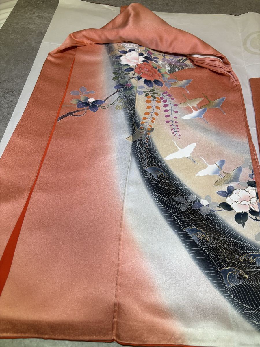 訪問着　正絹　金彩　波　鶴　牡丹　菖蒲　橙色　着物　和服　和装　リメイク　ハンドメイド　生地　衣装　百貨店　高級