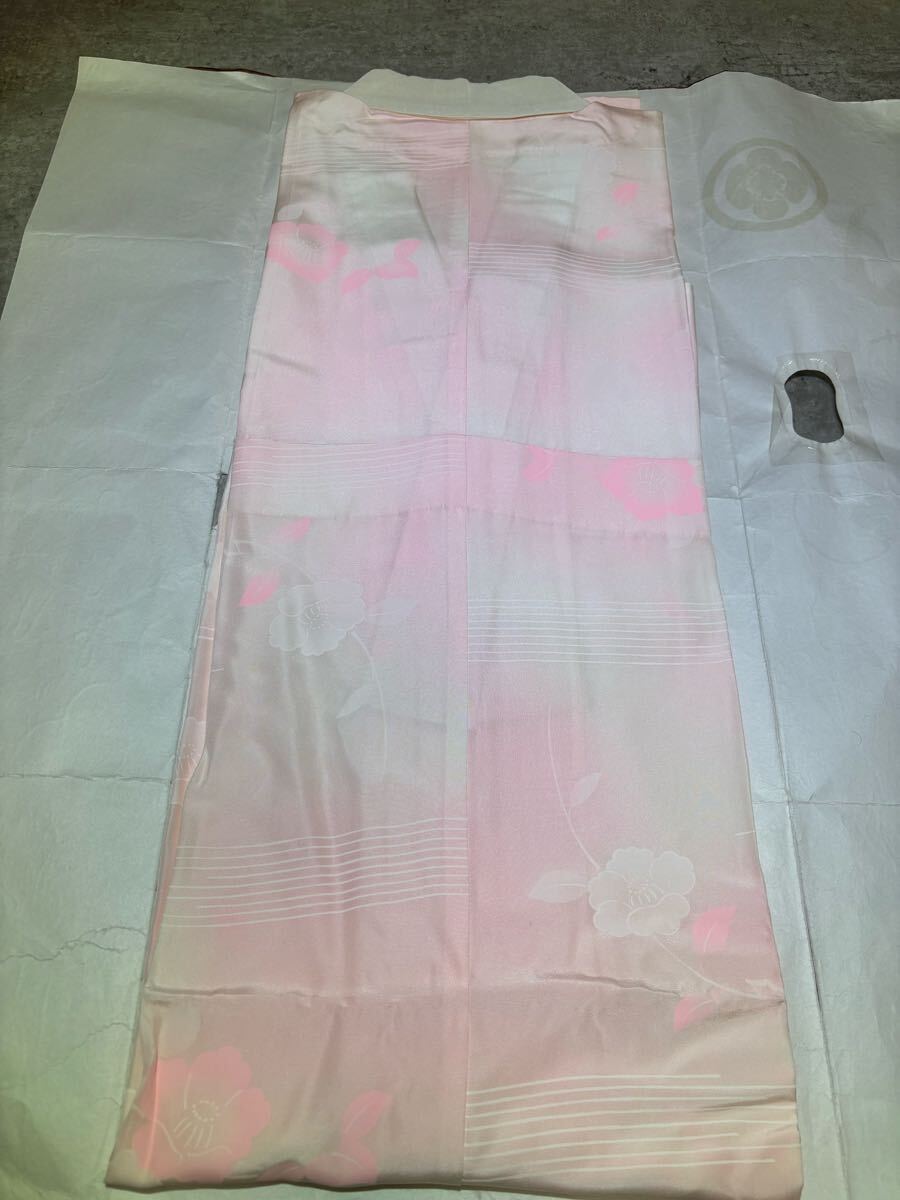 長襦袢　正絹　暈　椿　花　華　横縞　ピンク　着物　和服　和装　リメイク　ハンドメイド　生地　衣装　百貨店　高級