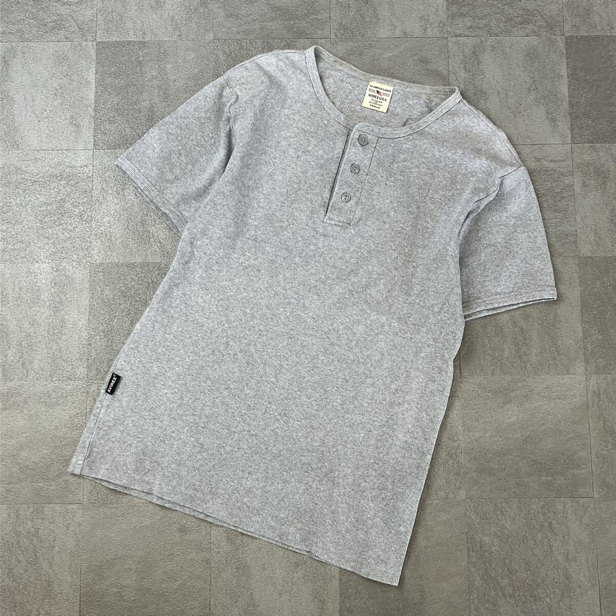 良品　AVIREX USA アヴィレックス ヘンリーネック　Tシャツ リブTシャツ　半袖カットソー　トップス　グレー　サイズM 古着