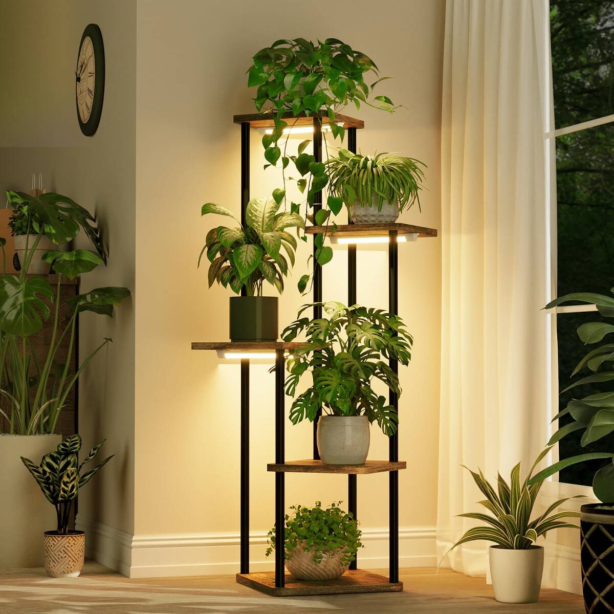 Bamworld フラワースタンド 植物育成ライト付き フラワースタンド 室内 プランタースタンド 5段観葉植物 台 おしゃれ y