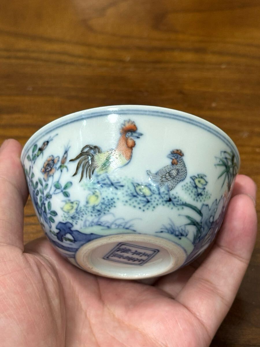 【萬古】中国古美術 清時代 斗彩 茶碗 時代物 古玩 骨董品 唐物 時代物 当時物 置物 高さ3.9cm 口径8cm h15