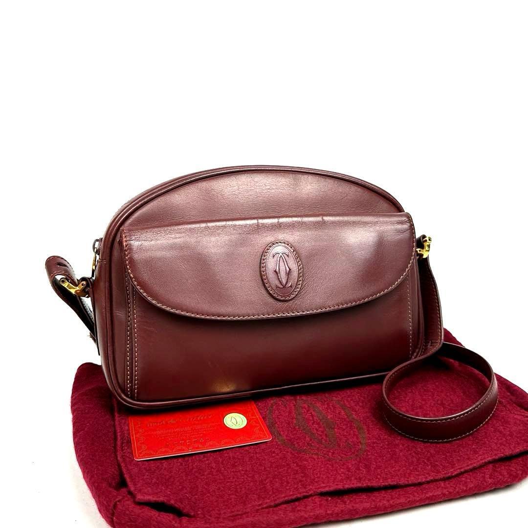 【美品】Cartier カルティエ マストライン ショルダーバッグ ポシェット 2way ハンドバッグ ゴールド金具 男女兼用 レザー カード袋付 人気