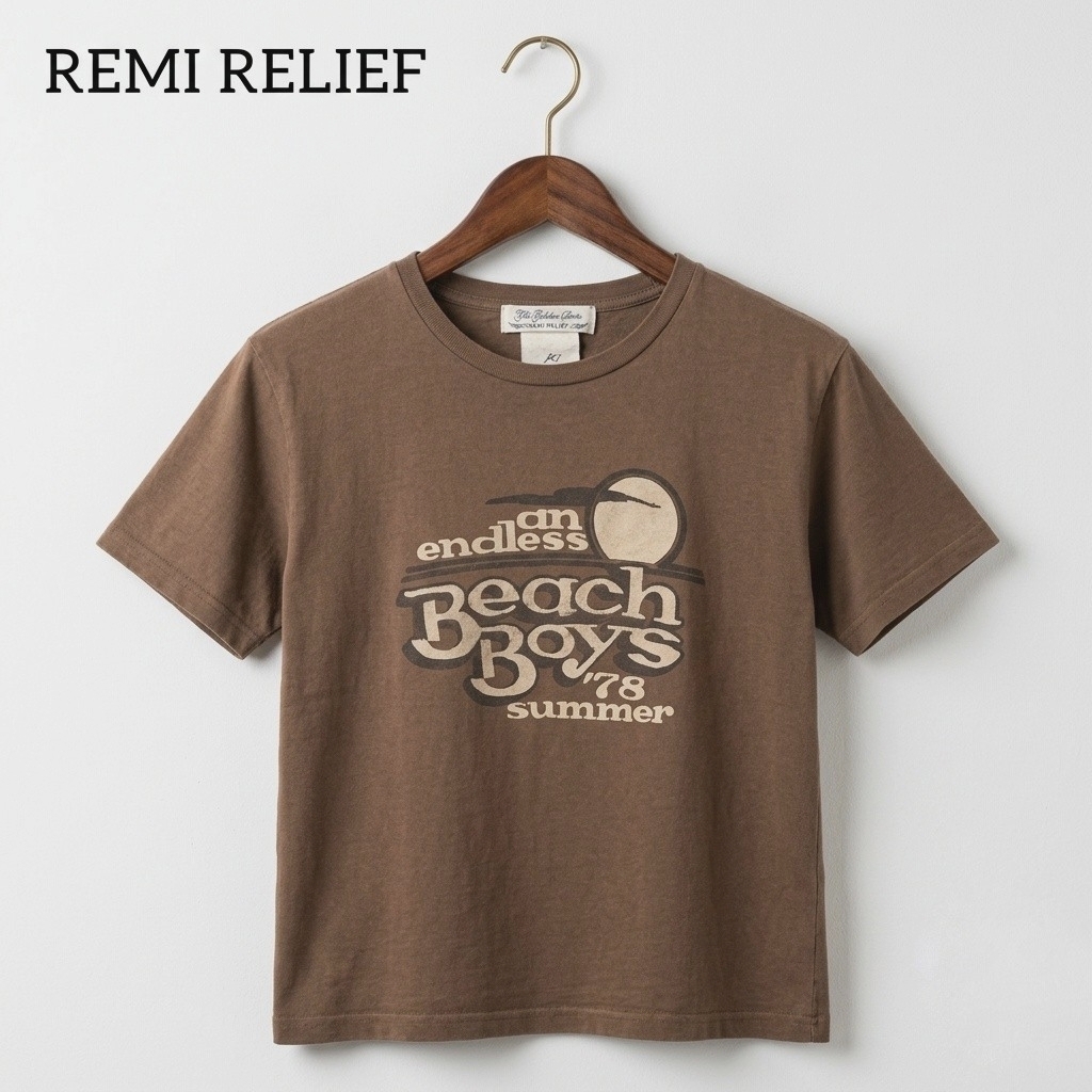 L'Appartement REMI RELIEF アパルトモン 別注 レミレリーフ 2019SS Beach Boys T-sh 半袖Tシャツ ヴィンテージ風 ブラウン サイズF 綿100%