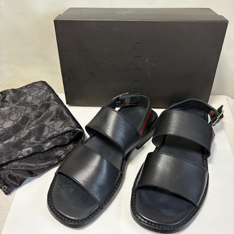 おしゃれ！ 箱 保存袋有 良品 GUCCI グッチ メンズ サンダル シェリー モカシン フラットストラップ 脱げにくい 黒 レザー IW607DS01GCC80