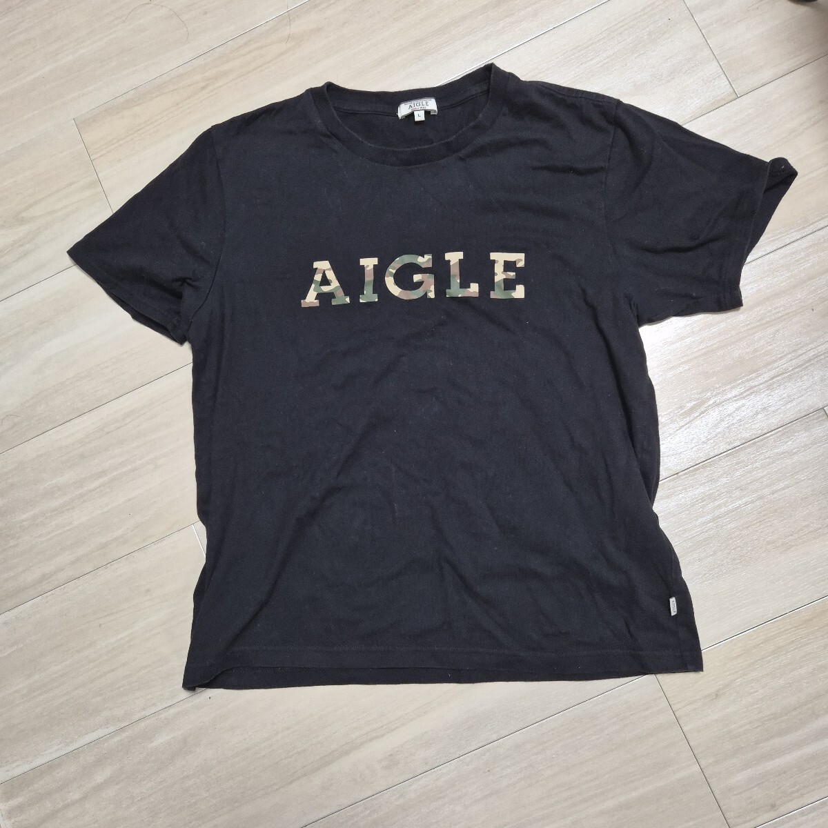 AIGLE エーグル 半袖Tシャツ L ブラック 迷彩ロゴ カモフラ　レディース