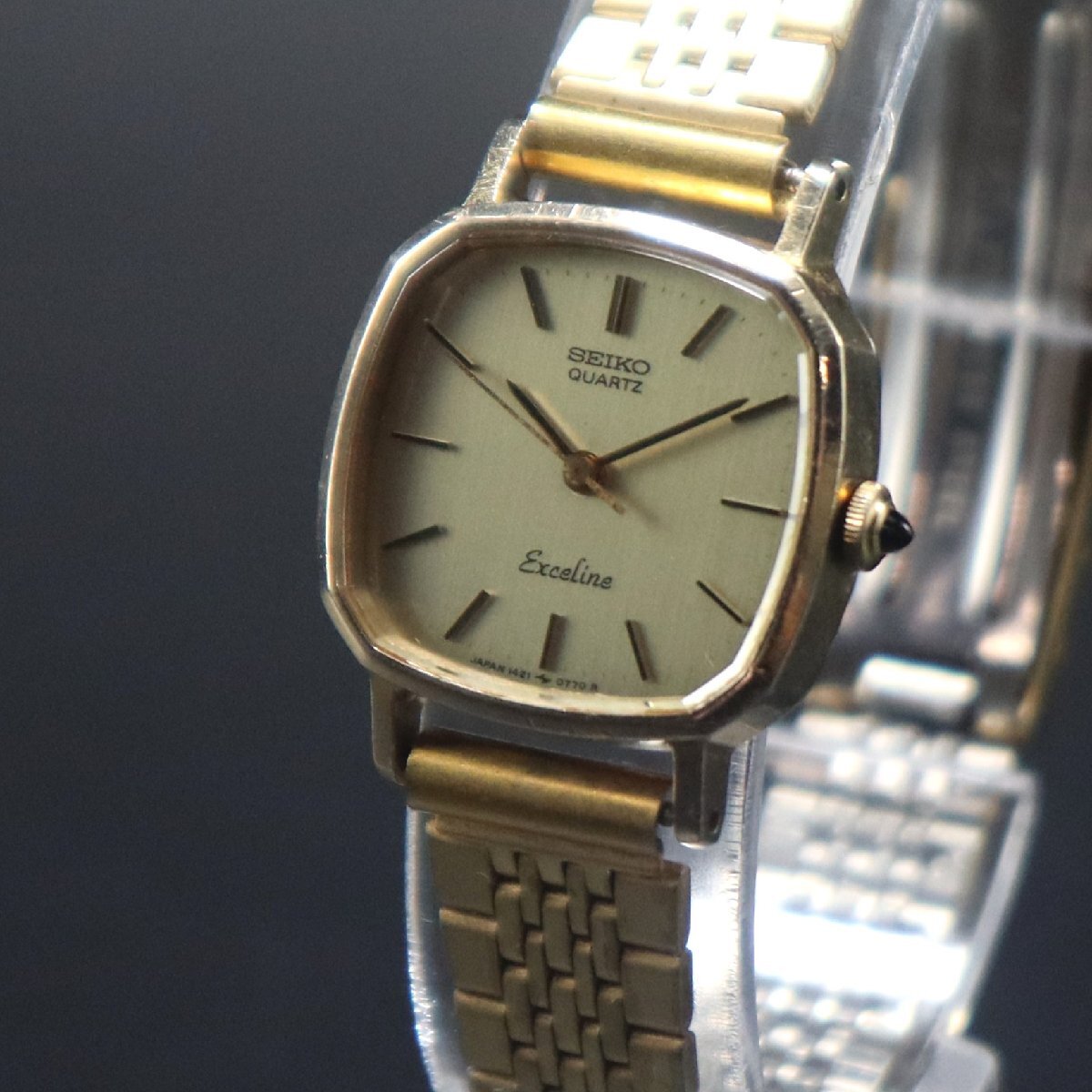 SEIKO Exceline セイコー エクセリーヌ 10K/SS 1421-5450 クォーツ オクタゴン 亀戸 部品取りジャンク 社外刻印 BAMBI製ブレス レディース