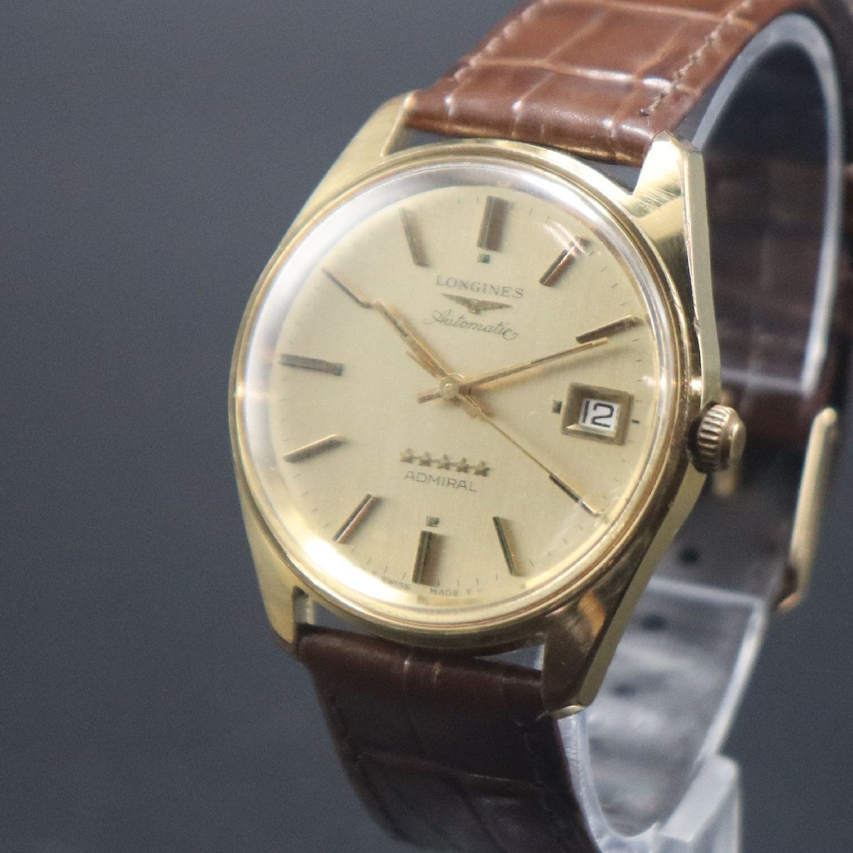 LONGINES ADMIRAL ロンジン アドミラル 5スター 自動巻き GEP20 ゴールド文字盤 デイト スイス アンティーク 新品革ベルト メンズ腕時計