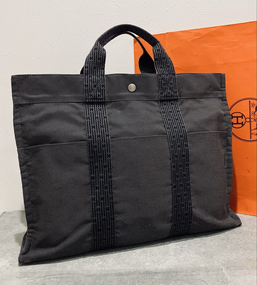 HERMES ● 超美品　パドロック付き エルメス エールライン グレー MM トートバッグ ハンドバッグ トート バッグ