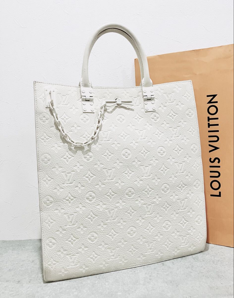 LOUIS VUITTON 極上美品 モノグラム ホワイト レザー トート バッグ ルイ・ヴィトン チェーン チャーム サックプラ バック