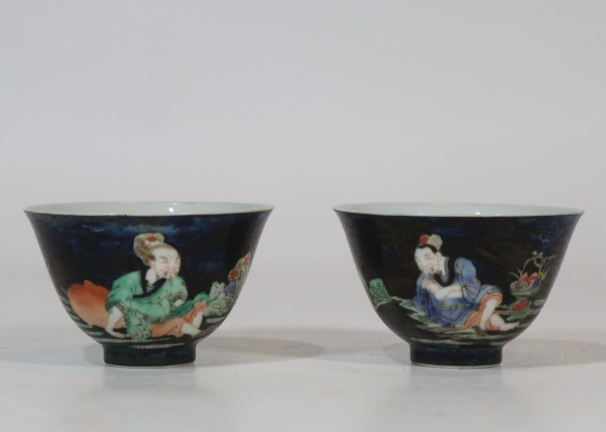 中国古美術 時代物 清時代 黒地 茶碗 古美術 唐物 古賞物 置物 古陶磁器 口径7cm高さ4.5cm w7