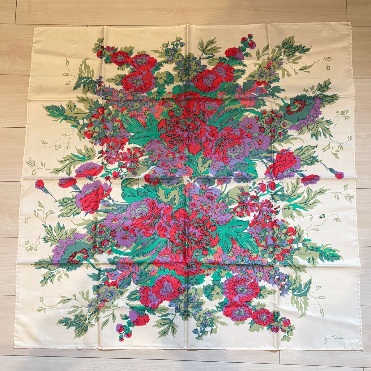 Jim Thompson ジム・トンプソン シルク スカーフ 花柄 ボタニカル タイシルク100% 約85×86cm タグ付き 大判 レディース 中古 未使用品