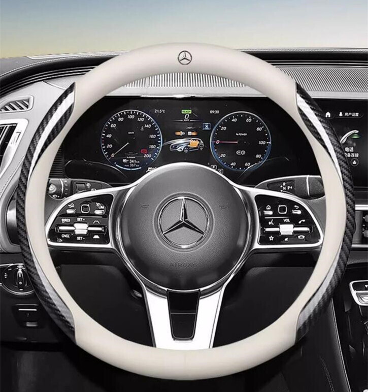 メルセデス ベンツ BENZ車用　ハンドルカバー ステアリングカバー コンパス ハンドル保護 レザー+炭素繊維 ◆超特上即納◆ ホワイト