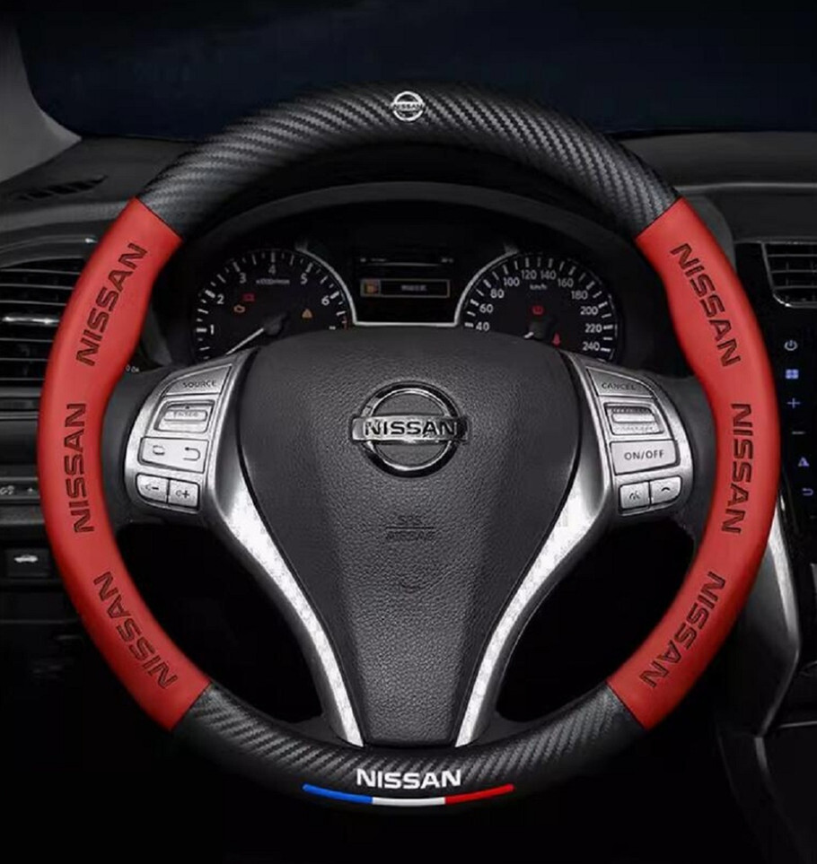 日産専用 ハンドルカバー ステアリングカバー 円型 本革 カーボン調 ◆超特上即納◆ レッド
