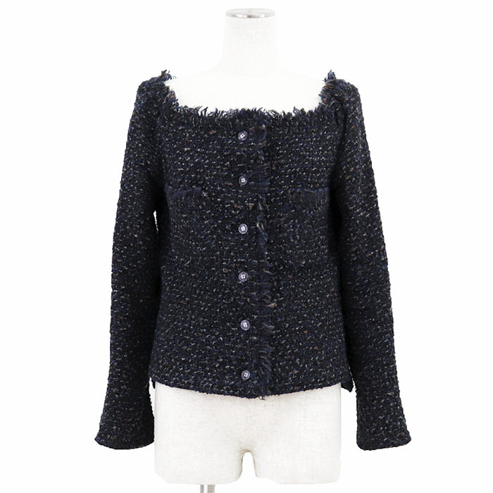 【美品】CHANEL シャネル ヴィンテージ ジャケット ウール モヘア 38 レディース 02A P19972 ロゴ 紺 仏製 カール・ラガーフェルド期