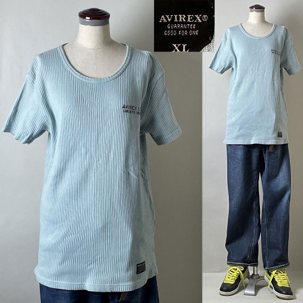 【激安 国内正規品】AVIREX アヴィレックス コットン100％ 両面プリント クルーネック リブ ステンシル 半袖 Tシャツ XL ライトブルー系