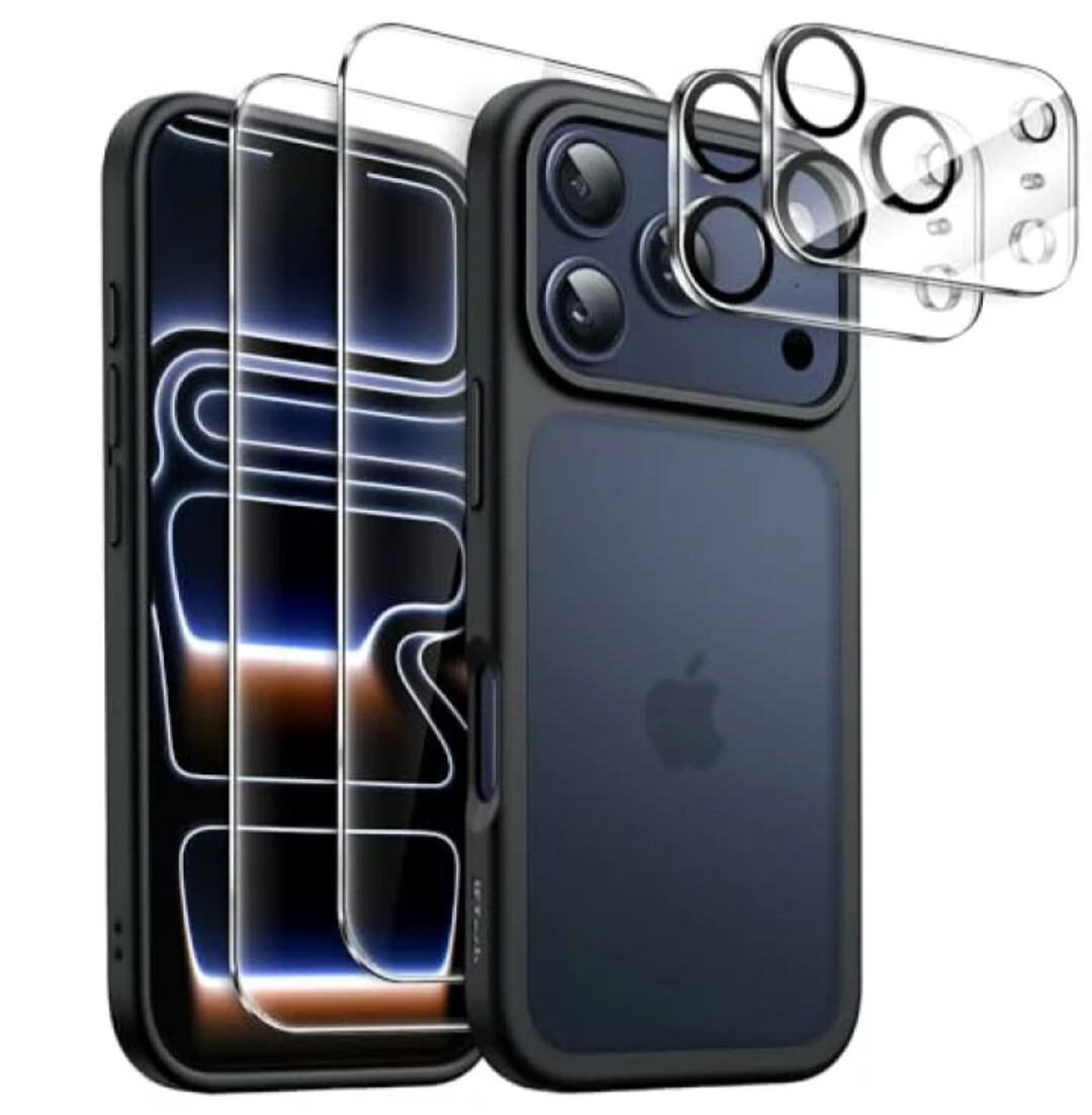 y072624g JETech iPhone 17 Pro Max マットケース ブラック 強化ガラスフィルム カメラレンズフィルム 半透明背面保護カバー
