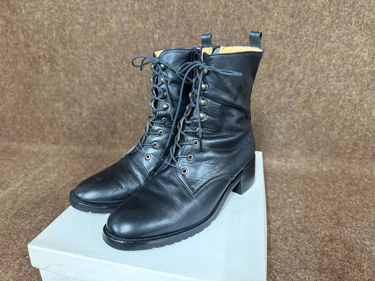 80or100 葉／SARAH O's Collection レースアップブーツ ヒール約5cm ショートブーツ 黒 ブラック 本革？ ハイカット 編み上げ レザー