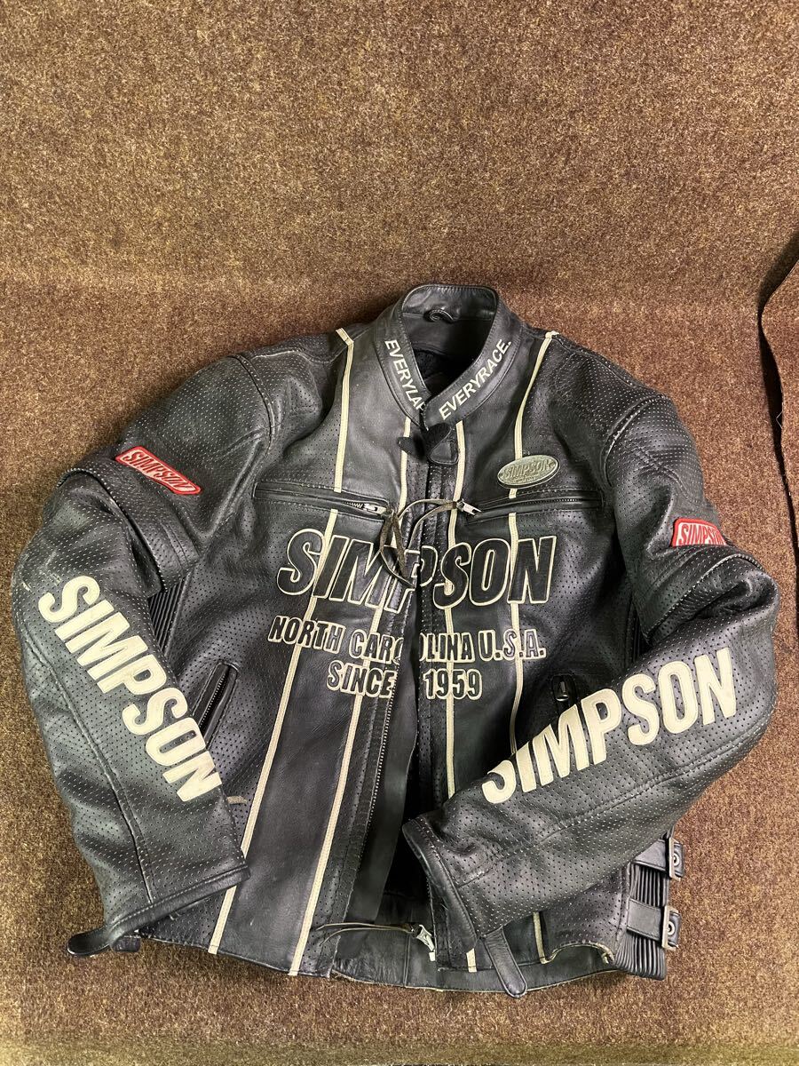 120*葉★SIMPSON シンプソン バイクウェア レザージャケット ライダース スーツ 牛革 レザー ブラック 中古品 保管品