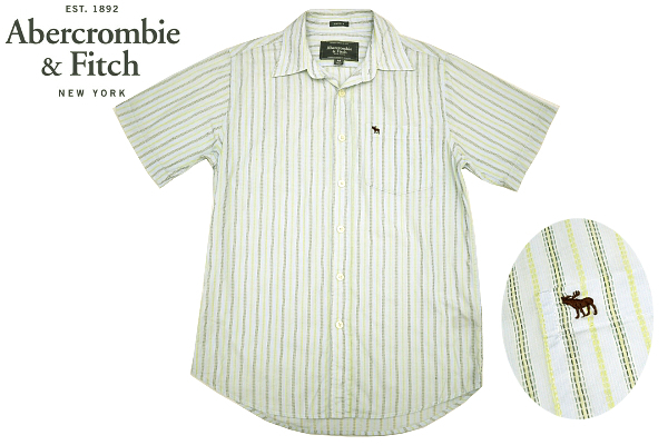 Y-2211★送料無料★超美品★Abercrombie&Fitch アバクロンビー&フィッチ MUSCLE★ロゴ刺繍 ライトブルー水色 ストライプ 半袖 シャツ Ｍ