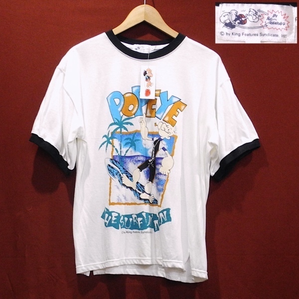 新品 POPEYE ポパイ 国内 80's ～ 90's King Features Syndicata デザイン SURF リンガー Tシャツ デッドストック 白 黒 M 未使用