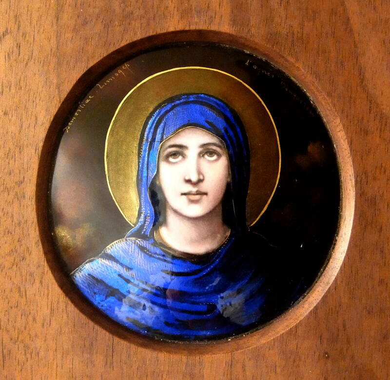 美 アンティークフランス LIMOGES リモージュ 聖母マリア エマイユ画 青い衣の聖母 ウィリアム・ブグロー 慰めの聖母 西洋七宝 聖画