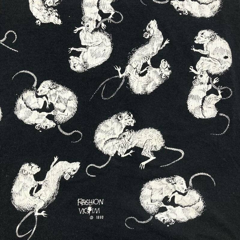 90s vintage FASHION VICTIM RAT 90年代 ビンテージ 48手 エロ Tシャツ 黒 ブラック Lサイズ SEX ネズミ 総柄 / スカル アート ギャグ