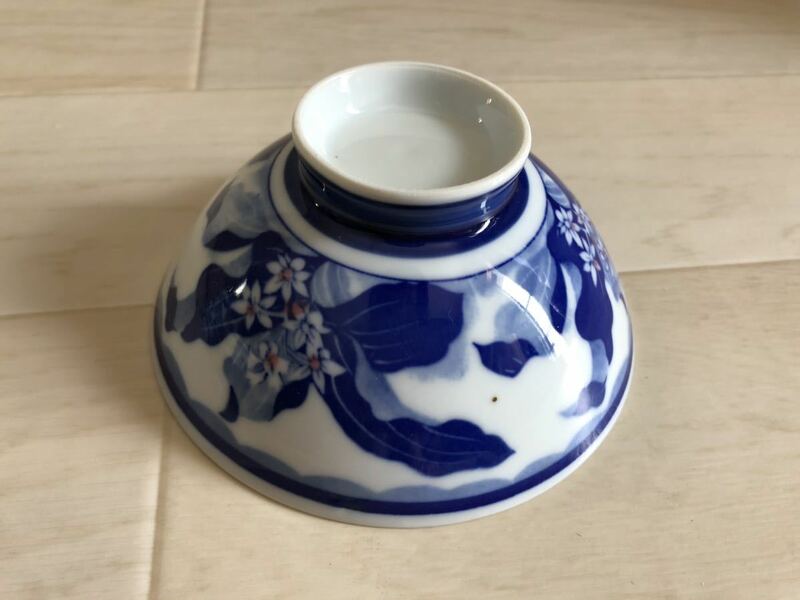 昭和レトロ　飯茶碗◆6客セット　藍色　花模様が可愛い　未使用保管品