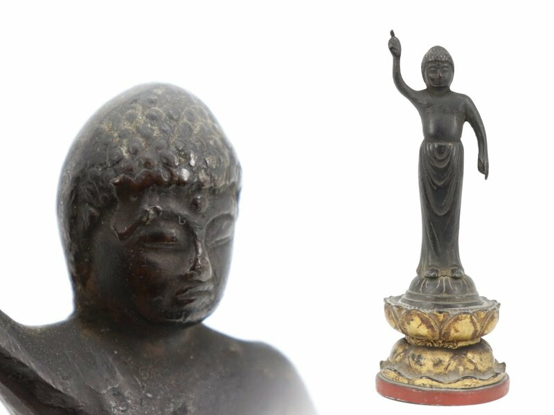【蔵】仏教美術 古銅 誕生仏 誕生釈迦仏 木製台座 銅製 時代 仏像 佛像 S1106A