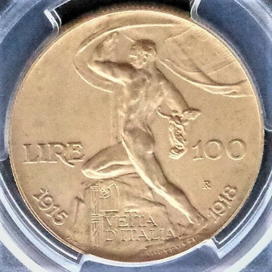 ■■イタリア 100リレ金貨 1925年 治世25周年&第一次大戦参戦10周年 V. E.3世 PCGS MS61 Matte UNC- G社貨幣鑑定証付 非常に高価&稀少!■■