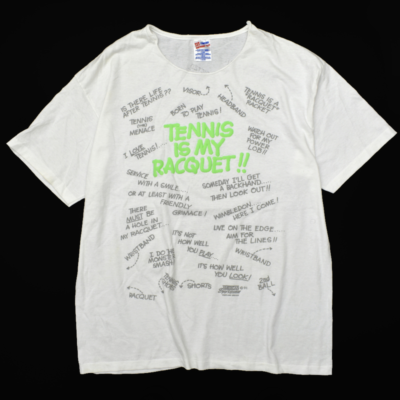 90s usa vintage TENNIS IS MY RACQUET!! Tシャツ 発泡プリント 総柄 size.XL