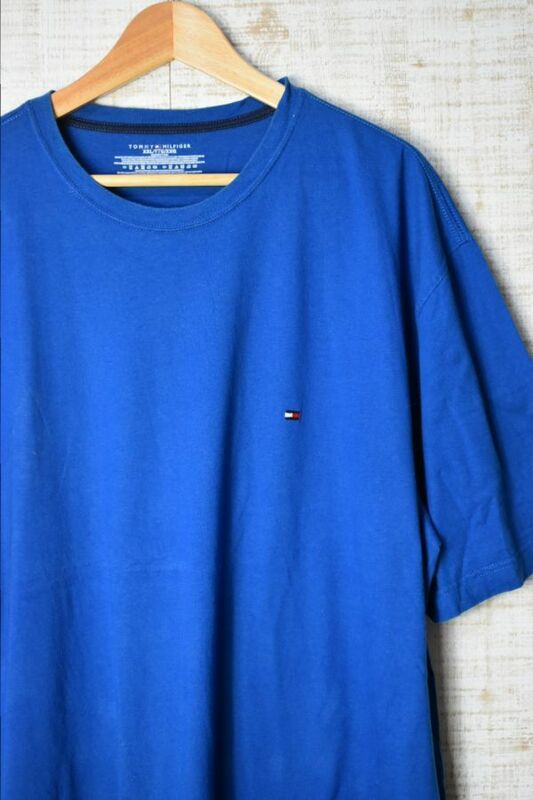 ☆US古着 TOMMY HILFIGER トミーヒルフィガー Tシャツ ロゴ刺繍 ブルー青【2XL/XXL】コットン　　　　　◆3093◆