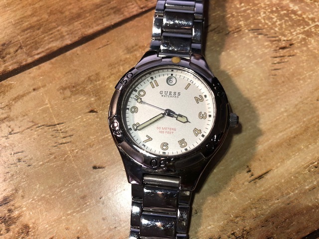 BK0235 良品程度 レア ヴィンテージ GUESS ゲス WATERPRO デイト 純正SSブレス クオーツ メンズ 腕時計