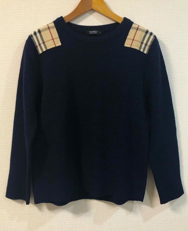美品 バーバリーブラックレーベル 肩チェック 羊毛 ニット サイズ3（L) 紺 ホースマーク刺繍 ウール BURBERRY BLACK LABEL シャツ