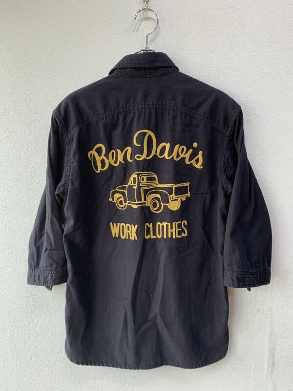 【人気】BEN　DAVIS／ベン　デイビス　ワークシャツ　7分袖　黒/ブラック　ロゴ　刺繍　メンズ　Sサイズ　アメカジ　バイカー（K452）