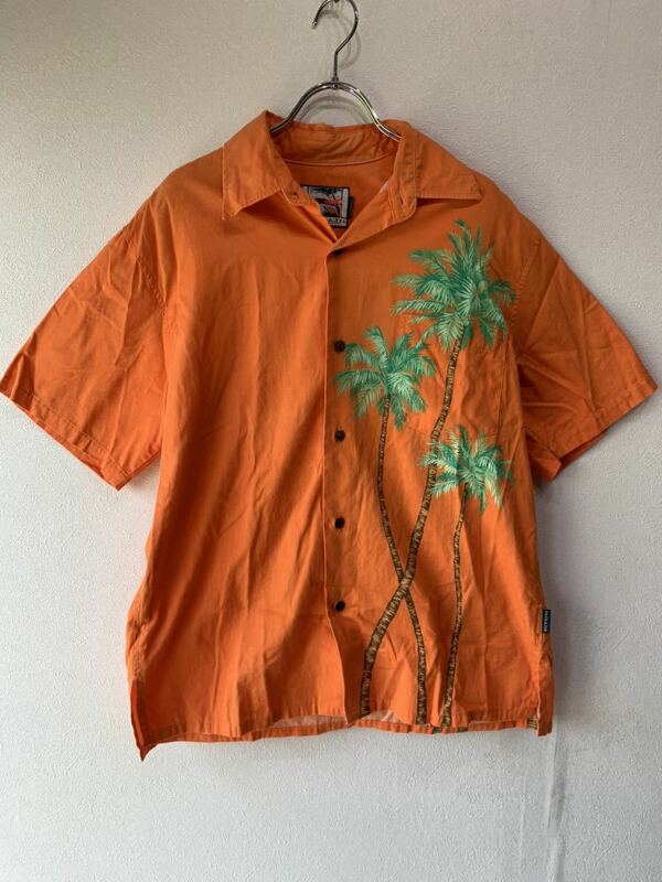 【人気】PAIKAJI/パイカジ　シャツ　オレンジ／橙　アロハ　沖縄　半袖　メンズLサイズ　綿１００％　ヤシの木（K546）