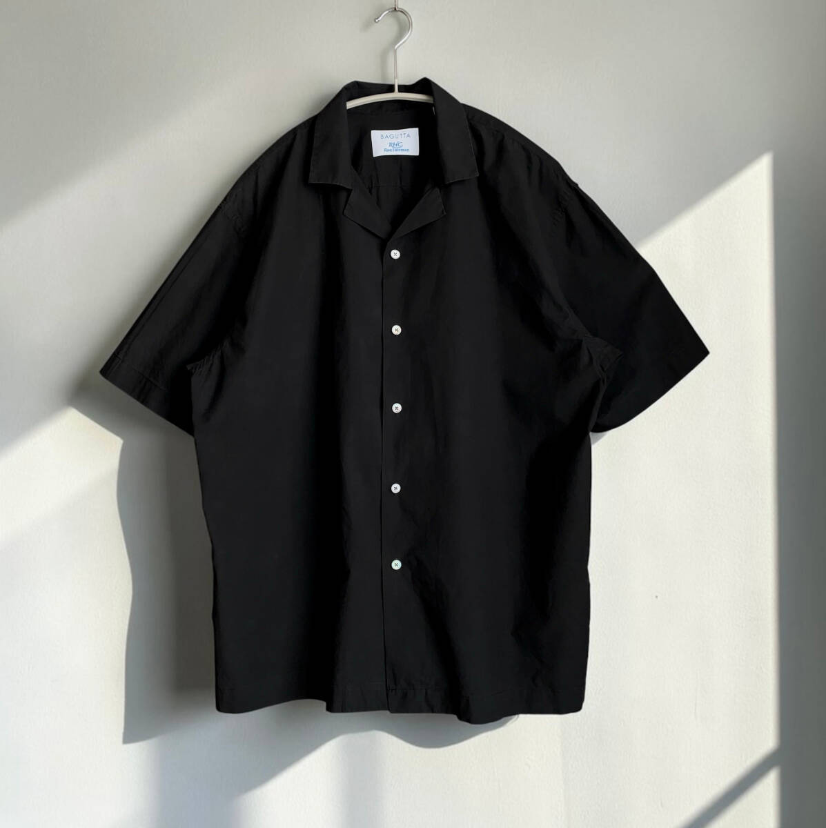 【定価30,240円】ロンハーマン RHC × BAGUTTA イタリア生地 コットン100% オープンカラーシャツ 半袖 40 ブラック RonHerman California