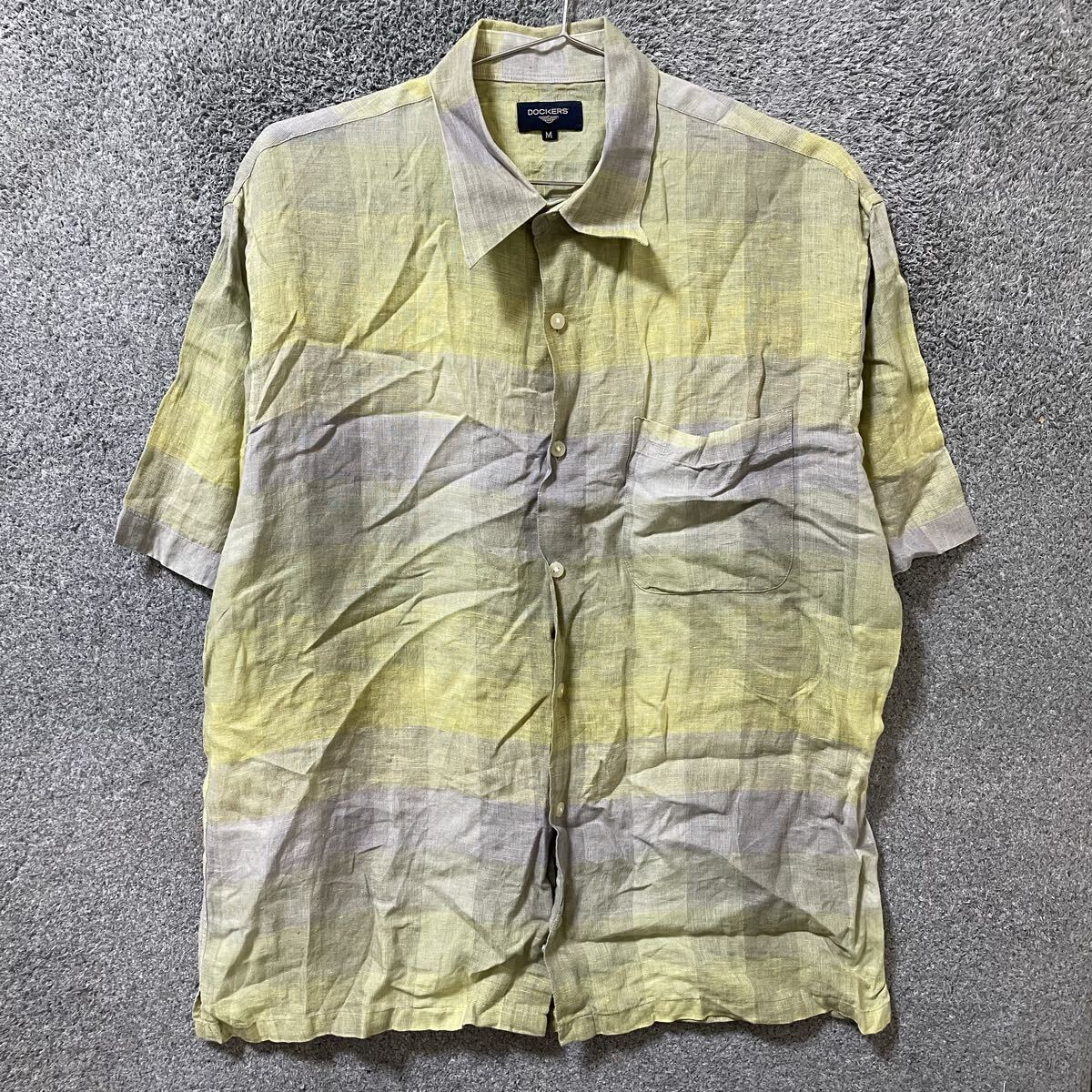 【C白】DOCKERS ドッカーズ 半袖シャツ リネンシャツ サイズM グリーン チェック柄 メンズ トップス 最落なし