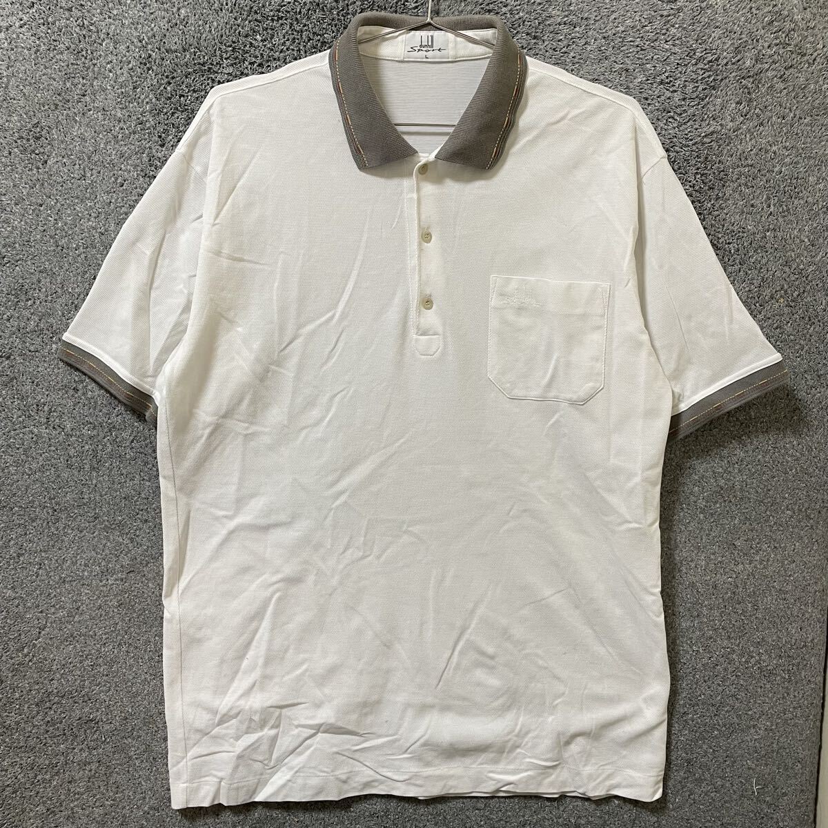 【E黒】DUNHILL SPORT ダンヒルスポーツ 半袖ポロシャツ 鹿の子 サイズL ホワイト 白 ポケット メンズ トップス 最落なし